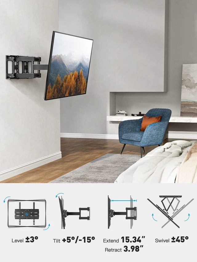 Alt view image 13 of 14 - TV Wall Mount for 26-74 inch LED LCD OLED 4K TVs up to 99lbs, Full Motion TV Mount Bracket Articulating Swivel Extension Tilting Leveling Max VESA 400x400mm, Fits 12/16 Inch Wood Studs