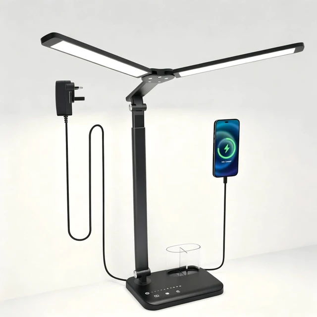 Alt view image 8 of 14 - LED Desk Lamp Dual Heads, Dual USB Port, Height Adjustable, 15W | 5 Light Modes & Dimmable Brightness,Desk Lamps for Home Office Bedside Lamp for Reading, Craft, Work, Study (Black)
