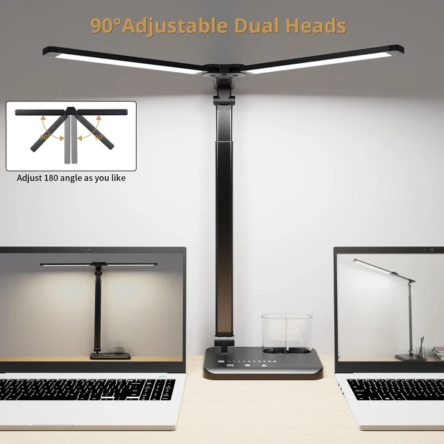 Alt view image 11 of 14 - LED Desk Lamp Dual Heads, Dual USB Port, Height Adjustable, 15W | 5 Light Modes & Dimmable Brightness,Desk Lamps for Home Office Bedside Lamp for Reading, Craft, Work, Study (Black)