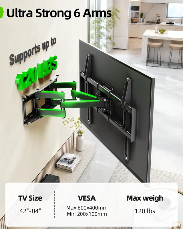 Alt view image 9 of 14 - Full Motion TV Wall Mount for 42-82 Inch TVs up to 120lbs, Wall Mount TV Bracket with Articulating Swivel Tilt Extension Leveling, Max VESA 600x400mm Fits 12/16" Wood Stud
