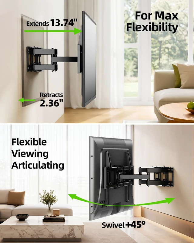 Alt view image 14 of 14 - Full Motion TV Wall Mount for 42-82 Inch TVs up to 120lbs, Wall Mount TV Bracket with Articulating Swivel Tilt Extension Leveling, Max VESA 600x400mm Fits 12/16" Wood Stud