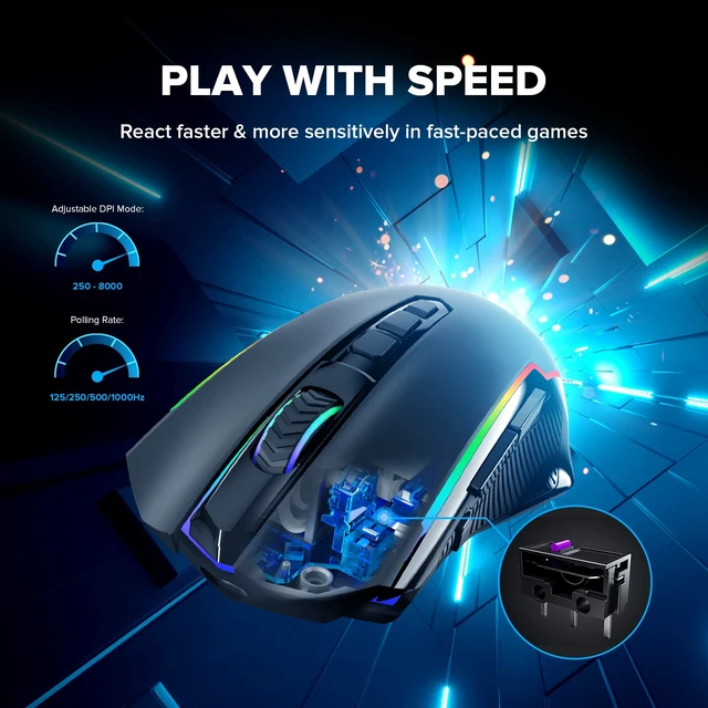 Alt view image 9 of 14 - Gaming Mouse, Wireless Mouse Gaming with 8000 DPI, PC Gaming Mice with Fire Button, RGB Backlit Programmable Ergonomic Mouse Gamer, Rechargeable, 70Hrs for Windows, Mac Gamer, Black