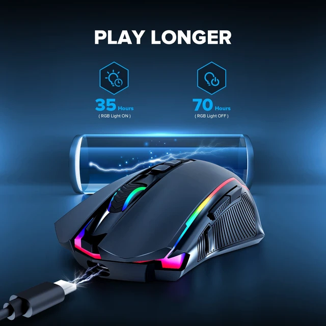 Alt view image 13 of 14 - Gaming Mouse, Wireless Mouse Gaming with 8000 DPI, PC Gaming Mice with Fire Button, RGB Backlit Programmable Ergonomic Mouse Gamer, Rechargeable, 70Hrs for Windows, Mac Gamer, Black