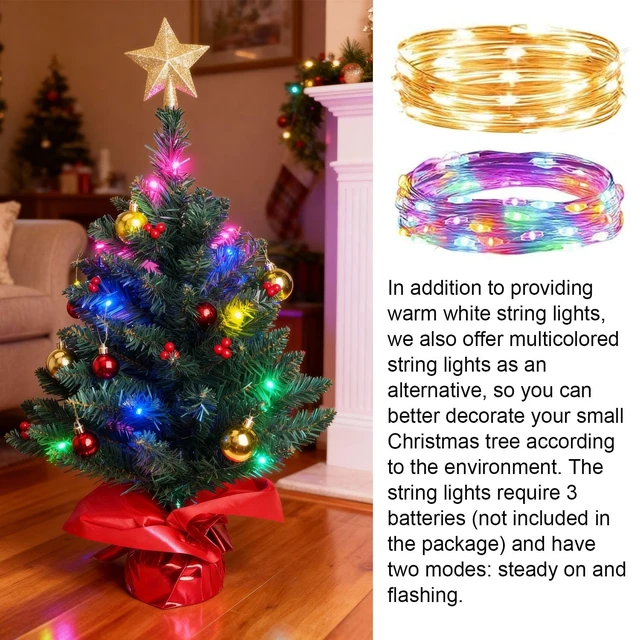 Alt view image 10 of 14 - 24 Inch Tabletop Christmas Tree, Artificial Mini Xmas Pine Tree with LED String Lights and Ornaments,Christmas Decoration Tree Decor