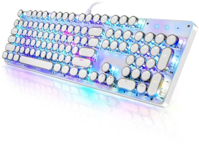 Alt view image 8 of 14 - Typewriter Style Mechanical Gaming Keyboard RGB Backlit Wired with Blue Switch Retro Round Keycap 104 Keys Keyboard (R-White)