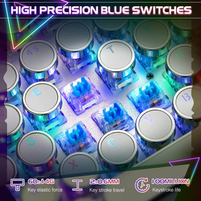 Alt view image 11 of 14 - Typewriter Style Mechanical Gaming Keyboard RGB Backlit Wired with Blue Switch Retro Round Keycap 104 Keys Keyboard (R-White)
