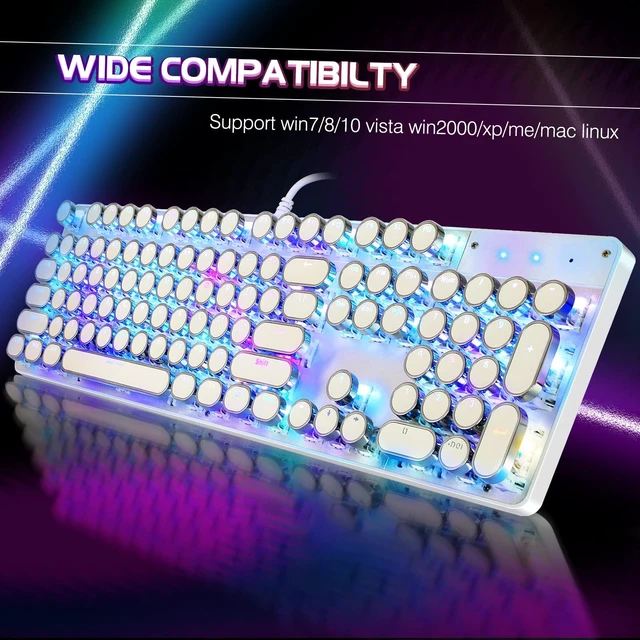 Alt view image 13 of 14 - Typewriter Style Mechanical Gaming Keyboard RGB Backlit Wired with Blue Switch Retro Round Keycap 104 Keys Keyboard (R-White)