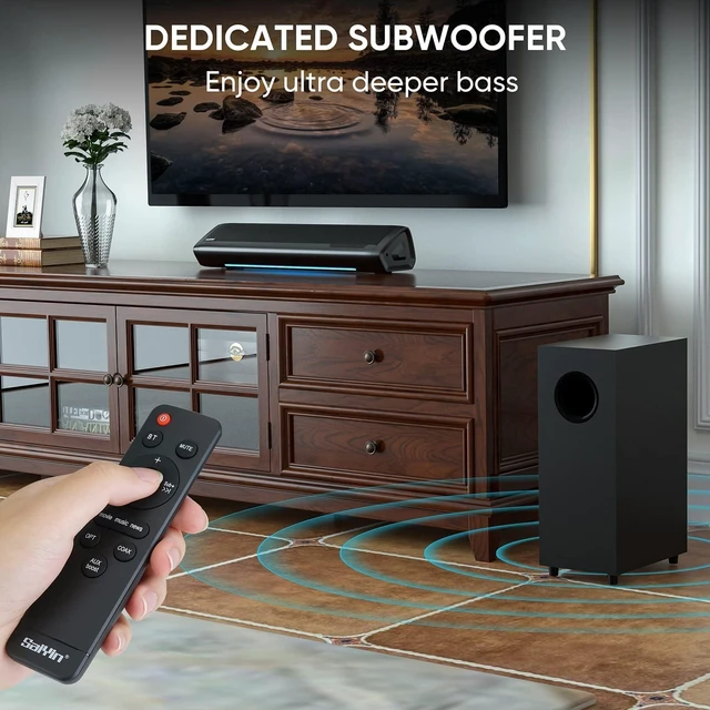 Alt view image 9 of 14 - Sound Bar with Subwoofer, Home Theater Surround System for TV PC | 5" Subwoofer, Dual Bass Reflex Ports, Support Optical/AUX/Bluetooth 5.3 Input, Adjustable Bass, With Volume Indicator