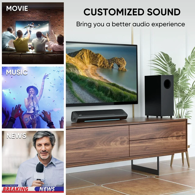Alt view image 12 of 14 - Sound Bar with Subwoofer, Home Theater Surround System for TV PC | 5" Subwoofer, Dual Bass Reflex Ports, Support Optical/AUX/Bluetooth 5.3 Input, Adjustable Bass, With Volume Indicator