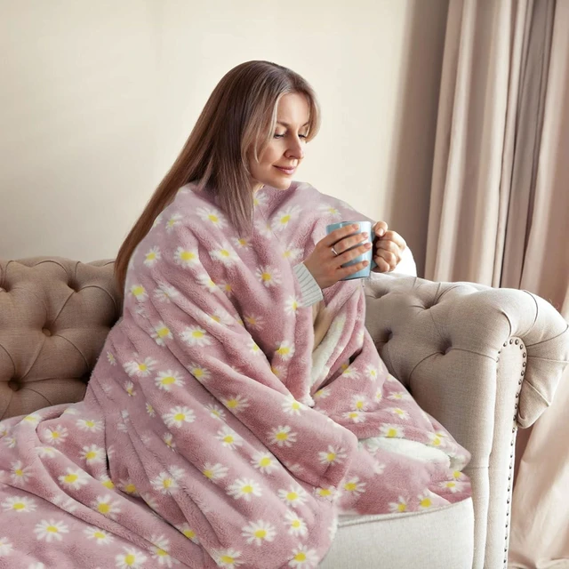 Alt view image 9 of 14 - Electric Heated Blanket 50" x 60" Throw Pink Flower F50 | 12 Heating Levels, Home Office Use,Throw Blanket