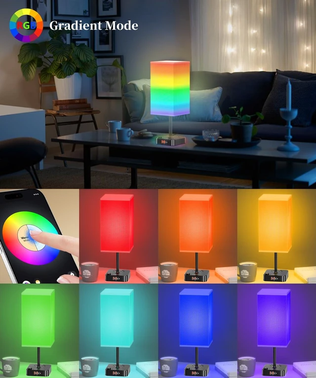 Alt view image 12 of 14 - RGB Remote Bedside Lamp 16 Color Dimming for Nightstand Table White | Remote Control,16 Adjustable Colors,Stepless Dimming with RGB Gradient Mode,Modern Industrial Lamp Fits Bedroom,Nightstand