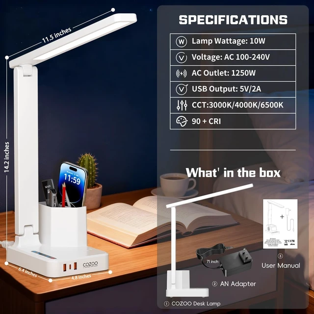 Alt view image 11 of 14 - LED Desk Lamps for Dorm Office with USB C Charging Station, 800lm, CRI>90 | White Study Desk Lamp with Pen Storage, Eye Caring Desk Lamp with 3 USB (1 USB-C) & AC Outlet, Dorm Room Essentials for Guys