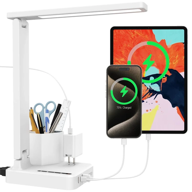 Alt view image 8 of 14 - LED Desk Lamps for Dorm Office with USB C Charging Station, 800lm, CRI>90 | White Study Desk Lamp with Pen Storage, Eye Caring Desk Lamp with 3 USB (1 USB-C) & AC Outlet, Dorm Room Essentials for Guys