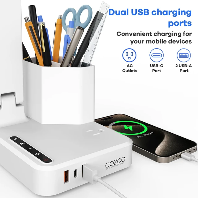 Alt view image 9 of 14 - LED Desk Lamps for Dorm Office with USB C Charging Station, 800lm, CRI>90 | White Study Desk Lamp with Pen Storage, Eye Caring Desk Lamp with 3 USB (1 USB-C) & AC Outlet, Dorm Room Essentials for Guys