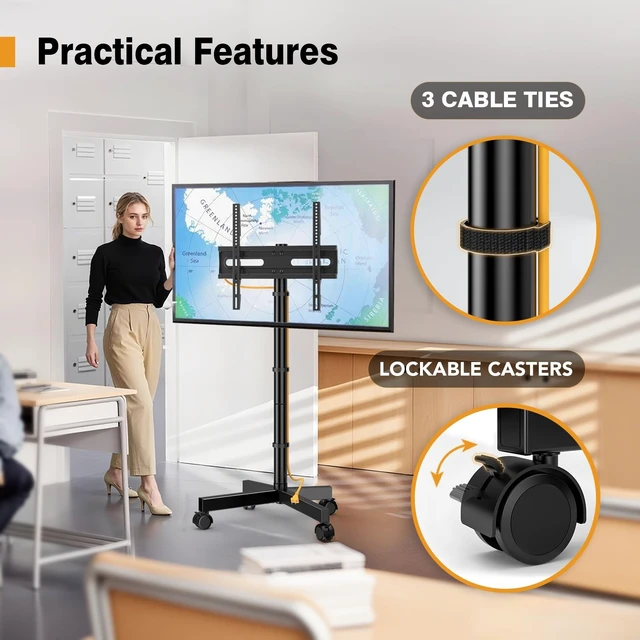 Alt view image 14 of 14 - Mobile TV Stand for 23-60 Inch LCD LED Flat/Curved Screen TVs, TV Cart Holds up to 77Lbs, Rolling TV Stand with Tilt and Height Adjustable, Pole TV Floor Stand with Wheels Max VESA 400x400mm