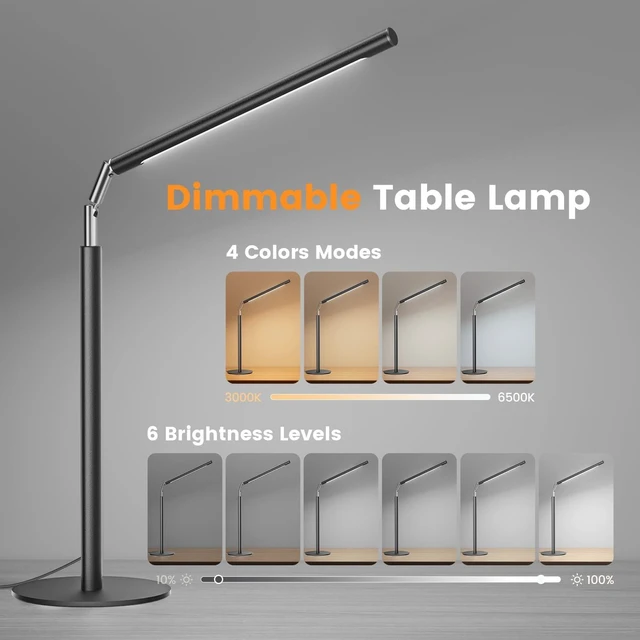 Alt view image 9 of 14 - Metal LED Desk Lamp, 16" Dimmable Desk Light with Base, 15W 1200LM, Adapter Included, Color & Brightness Adjustable, Modern Tall Table Lamp for Home Office Reading Study Task Laptop, Black