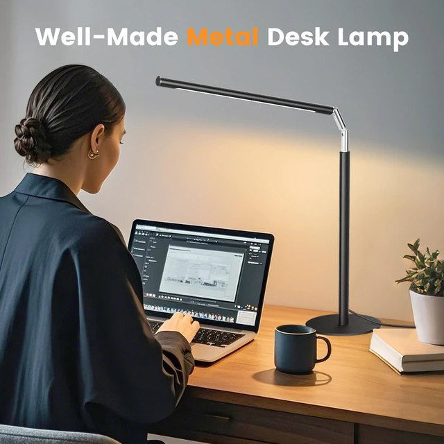 Alt view image 13 of 14 - Metal LED Desk Lamp, 16" Dimmable Desk Light with Base, 15W 1200LM, Adapter Included, Color & Brightness Adjustable, Modern Tall Table Lamp for Home Office Reading Study Task Laptop, Black