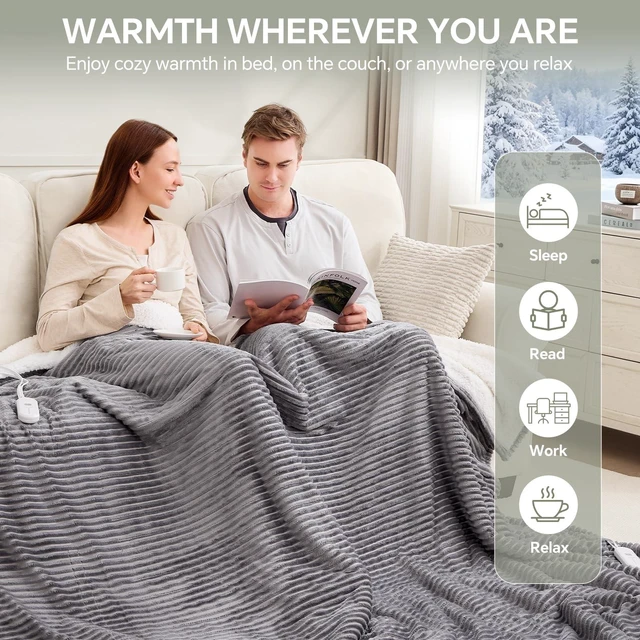 Alt view image 14 of 14 - Heated Blanket Queen Size Dual Control Electric Blanket, 84"x90" | Washable Heating Blanket, 5 Heat Levels, 10H Auto Off, Overheat Protection, Soft Flannel Sherpa, Gift for Grandma, Grey