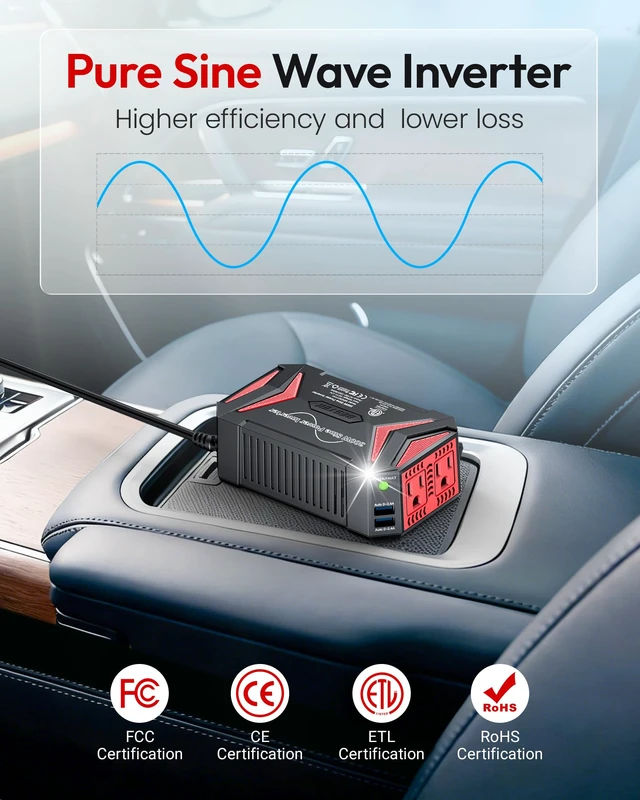 Alt view image 9 of 14 - Pure Sine Wave Power Inverter, 300W DC 12-17V to 110V AC Car Adapter | Vehicle Plug in Cigarette Lighter Outlet Solar Inverter, 4.8A Dual USB Fast Charging Ports for Phone, Laptop, CPAP(Black)