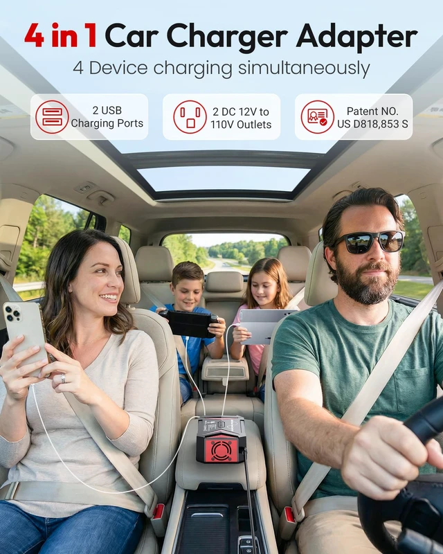 Alt view image 10 of 14 - Pure Sine Wave Power Inverter, 300W DC 12-17V to 110V AC Car Adapter | Vehicle Plug in Cigarette Lighter Outlet Solar Inverter, 4.8A Dual USB Fast Charging Ports for Phone, Laptop, CPAP(Black)