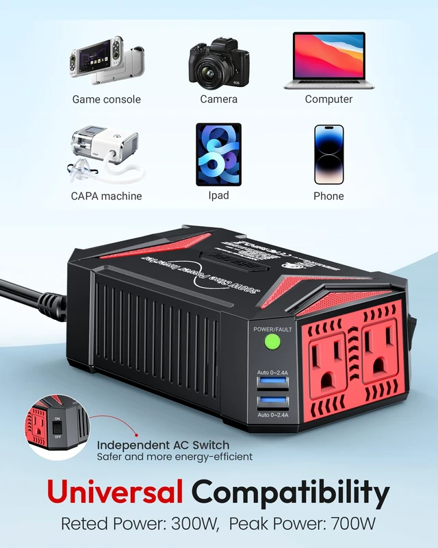 Alt view image 13 of 14 - Pure Sine Wave Power Inverter, 300W DC 12-17V to 110V AC Car Adapter | Vehicle Plug in Cigarette Lighter Outlet Solar Inverter, 4.8A Dual USB Fast Charging Ports for Phone, Laptop, CPAP(Black)