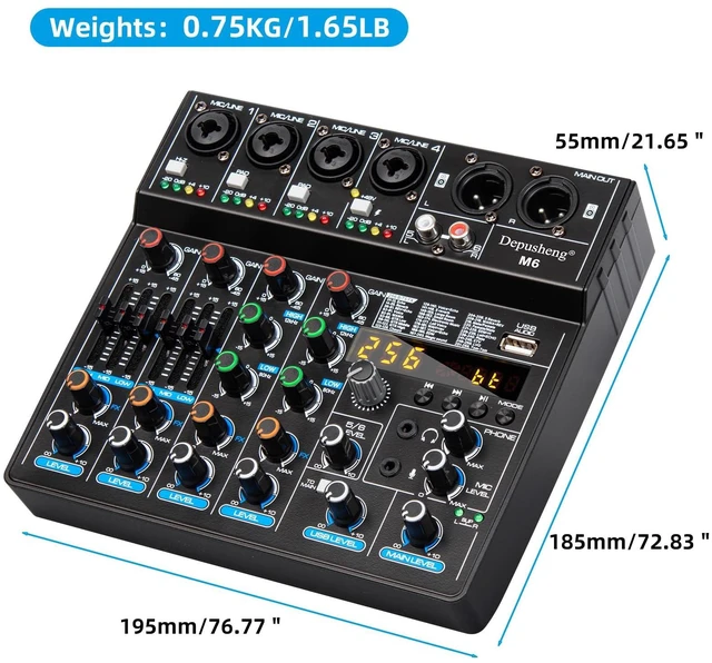 Alt view image 13 of 14 - M6 Portable Mini Mixer 6-Channel Audio Mixer DJ Console with Sound Card, Bluetooth Function, USB, 48V Phantom Power for PC Recording Webcast Party with 256 DSP