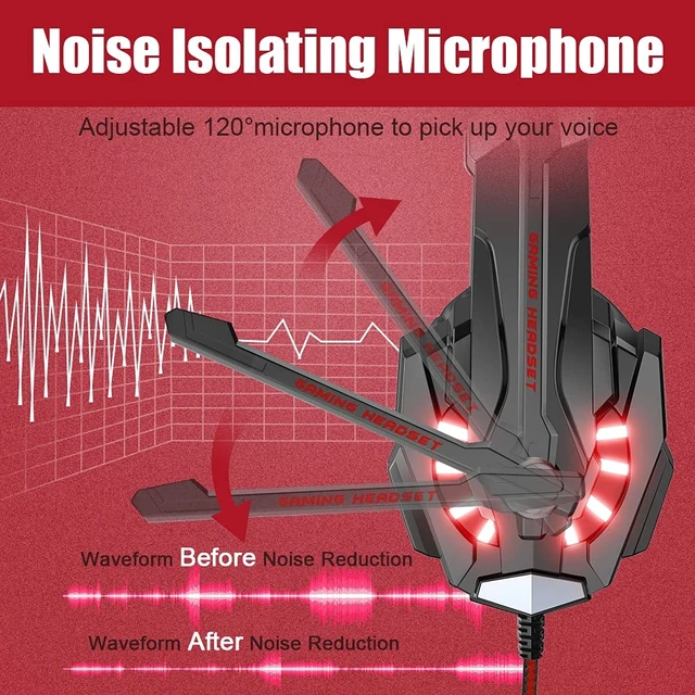 Alt view image 12 of 14 - Stereo Pro Gaming Headset for PS4, PC, Xbox One Controller, Noise Cancelling Over Ear Headphones with Mic, LED Light, Bass Surround, Soft Memory Earmuffs for Laptop Mac Wii Accessory Kits