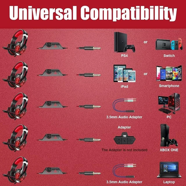 Alt view image 14 of 14 - Stereo Pro Gaming Headset for PS4, PC, Xbox One Controller, Noise Cancelling Over Ear Headphones with Mic, LED Light, Bass Surround, Soft Memory Earmuffs for Laptop Mac Wii Accessory Kits