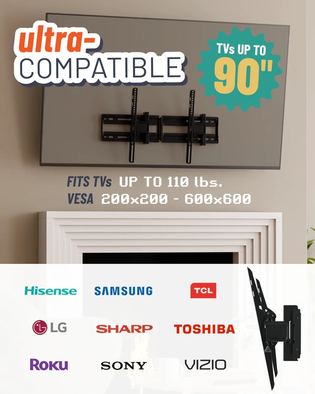Alt view image 10 of 14 - Extendable Tilting TV Wall Mount for 32-90 Inch TVs - Universal Low-Profile Bracket with 12° Tilt for Glare Reduction, UL-Listed Easy Install