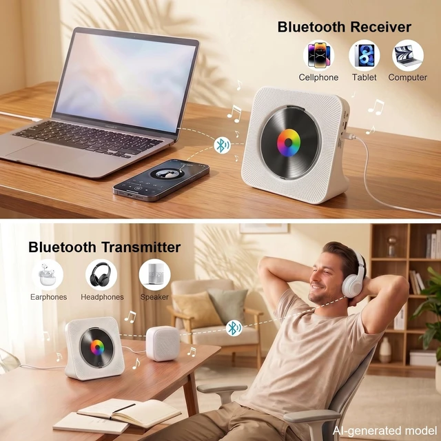 Alt view image 9 of 14 - CD Player Portable Bluetooth Desktop CD Players for Home | Portable CD Player with Bluetooth with Timer Built-in HiFi Speakers with LCD Screen Display Boombox FM Radio USB Type-C