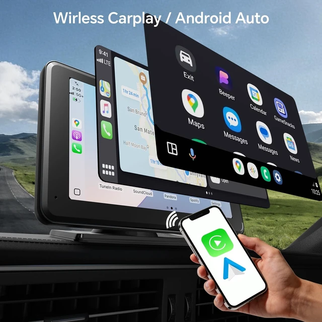Alt view image 12 of 14 - Wireless CarPlay & Android Auto Car Stereo - 7" HD Portable Touchscreen with Bluetooth 5.2, GPS Navigation, Mirror Link, 1080P Backup Camera, AUX & FM Transmitter - Plug & Play Receiver for Vehicles