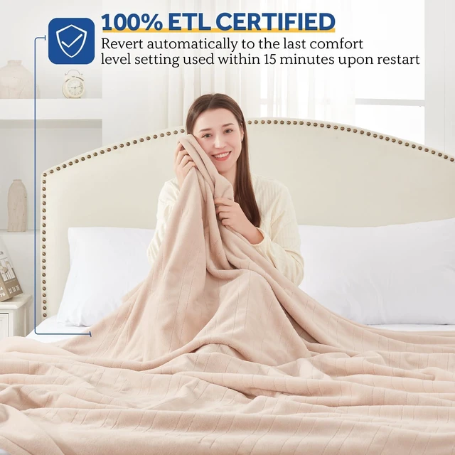 Alt view image 9 of 14 - Electric Blanket Twin Size Heated Blanket 62x84 Auto Shutoff, Beige | Heated Blanket Twin with 10 Heat Levels & 1-12H Auto Shutoff, Fast Heating & Overheat Protection, ETL, Flannel, Machine Wash