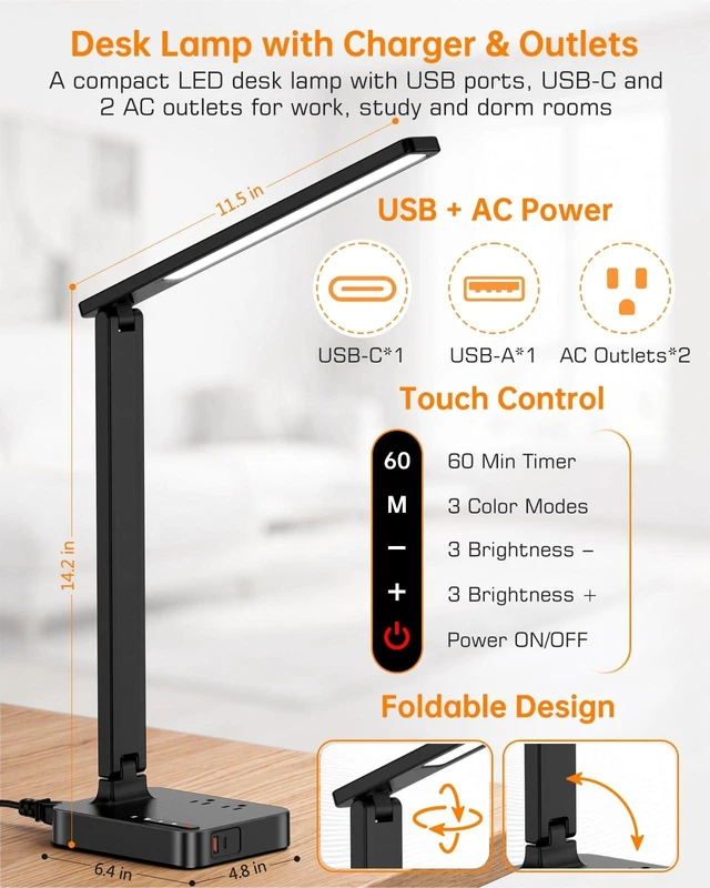 Alt view image 9 of 14 - LED Desk Lamp with USB Charging Port for Dorm Office, 800lm, CRI 92, Black | Modern Desk Lamps for Home Office with Charger Ports, 2 USB (1 USB-C), 2 AC Outlets, Foldable Table Lights