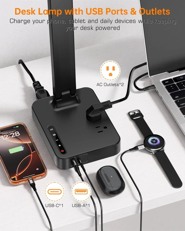 Alt view image 10 of 14 - LED Desk Lamp with USB Charging Port for Dorm Office, 800lm, CRI 92, Black | Modern Desk Lamps for Home Office with Charger Ports, 2 USB (1 USB-C), 2 AC Outlets, Foldable Table Lights