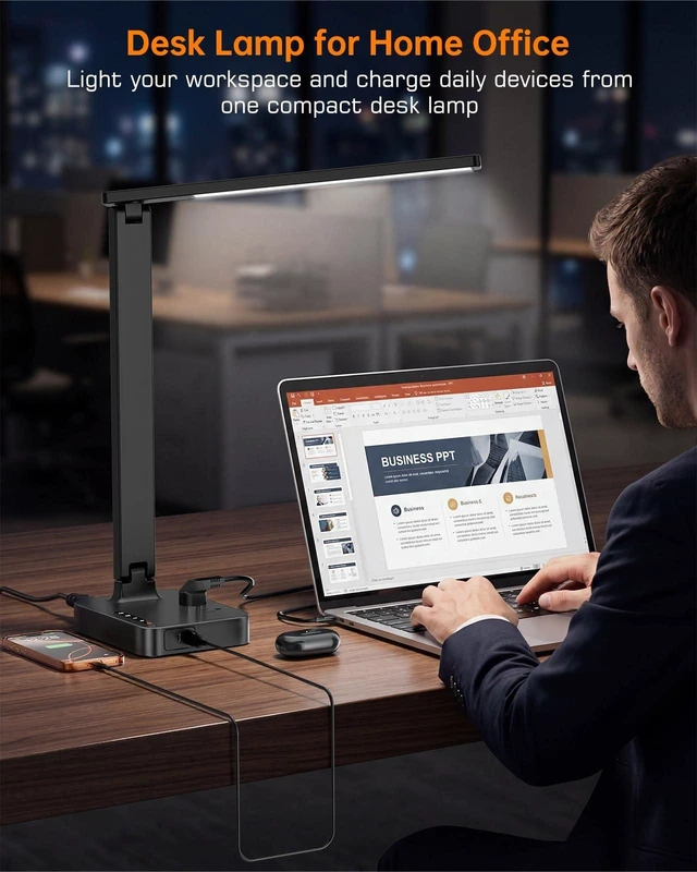 Alt view image 14 of 14 - LED Desk Lamp with USB Charging Port for Dorm Office, 800lm, CRI 92, Black | Modern Desk Lamps for Home Office with Charger Ports, 2 USB (1 USB-C), 2 AC Outlets, Foldable Table Lights
