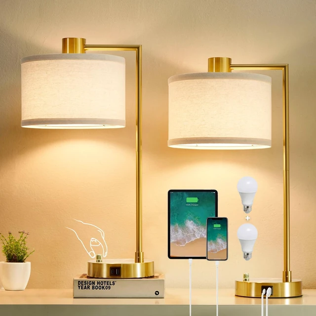 Alt view image 8 of 14 - Gold Table Lamp Set of 2, Dimmable Bedside Lamps for Night Stands, USB A+C | Nightstand Lamp with Linen Lampshade, 2 LED Bulbs Included,Desk Lamp for Bedroom, Living Room, End Table, Reading, Office