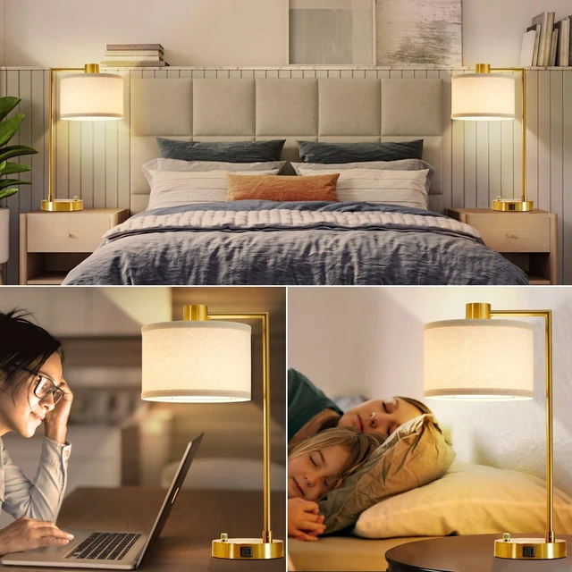 Alt view image 13 of 14 - Gold Table Lamp Set of 2, Dimmable Bedside Lamps for Night Stands, USB A+C | Nightstand Lamp with Linen Lampshade, 2 LED Bulbs Included,Desk Lamp for Bedroom, Living Room, End Table, Reading, Office