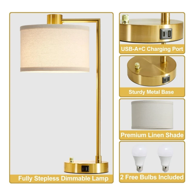 Alt view image 14 of 14 - Gold Table Lamp Set of 2, Dimmable Bedside Lamps for Night Stands, USB A+C | Nightstand Lamp with Linen Lampshade, 2 LED Bulbs Included,Desk Lamp for Bedroom, Living Room, End Table, Reading, Office
