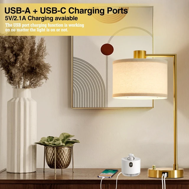 Alt view image 12 of 14 - Gold Table Lamp Set of 2, Dimmable Bedside Lamps for Night Stands, USB A+C | Nightstand Lamp with Linen Lampshade, 2 LED Bulbs Included,Desk Lamp for Bedroom, Living Room, End Table, Reading, Office