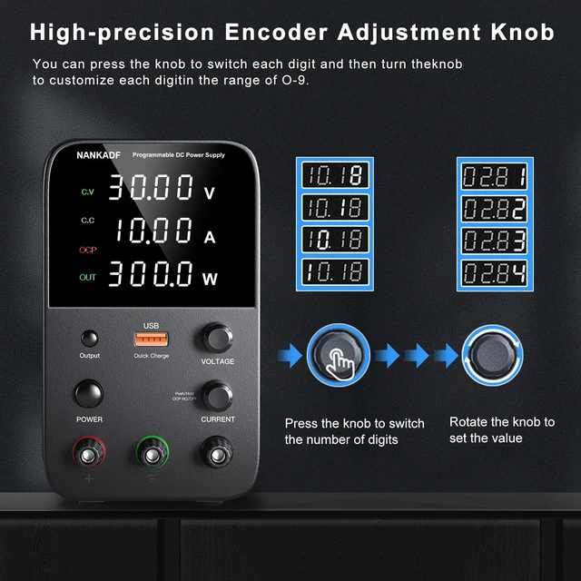 Alt view image 10 of 14 - DC Power Supply Variable, Bench Power Supply with Encoder Adjustment Knob, Output Enable/Disable Button, Adjustable Power Supplies with USB Quick-Charge, Short Circuit Alam (30V 10A Black)