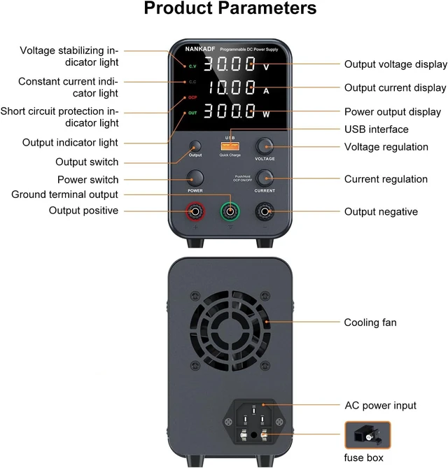 Alt view image 14 of 14 - DC Power Supply Variable, Bench Power Supply with Encoder Adjustment Knob, Output Enable/Disable Button, Adjustable Power Supplies with USB Quick-Charge, Short Circuit Alam (30V 10A Black)