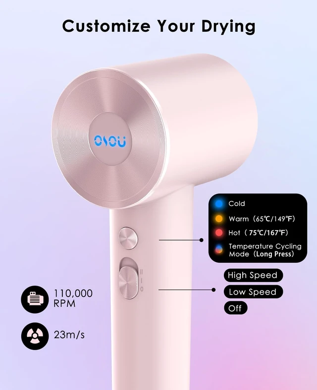 Alt view image 10 of 14 - Hair Dryer with Diffuser for Curly Hair, Negative Ionic Hairdryer, High-Speed Blow Dryer with 110, 000 RPM Brushless Motor, Fast Drying Lightweight Travel Hairdryer, Low Noise Quiet Hair Dryers