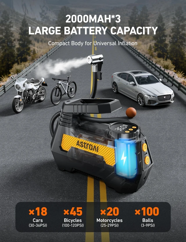 Alt view image 13 of 14 - H2 Pro Cordless Tire Inflator Portable Air Compressor 12VDC Battery | Dual Power Supply Auto Shut-Off Digital Pressure Gauge Fast Inflation Air Pump for Cars Motorcycles Bikes Ball Gift Yellow