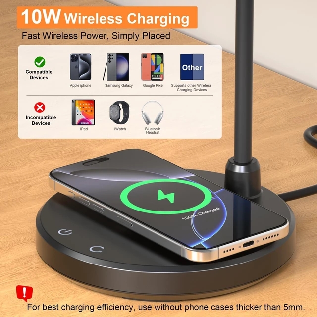 Alt view image 9 of 14 - LED Desk Lamp for Home Office with Wireless Charger, Black | 3 Color Modes Dimmable Eye-Caring Study Reading Dorm Desk Lamp, 360° Flexible Arm Table Lamp for College Dorm Room, 800 Lumen