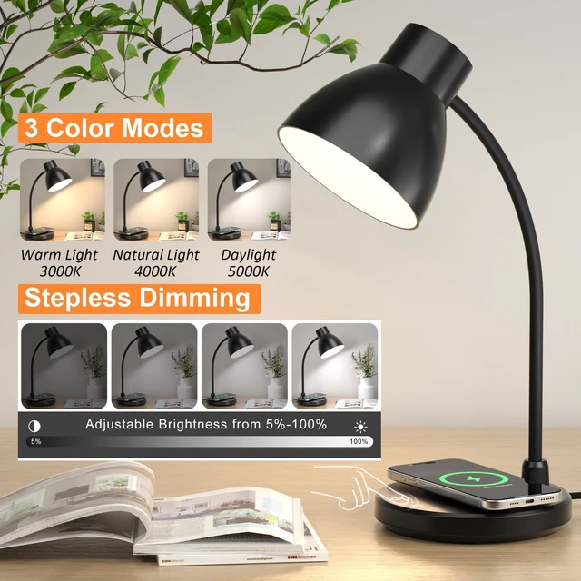 Alt view image 10 of 14 - LED Desk Lamp for Home Office with Wireless Charger, Black | 3 Color Modes Dimmable Eye-Caring Study Reading Dorm Desk Lamp, 360° Flexible Arm Table Lamp for College Dorm Room, 800 Lumen
