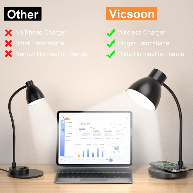 Alt view image 14 of 14 - LED Desk Lamp for Home Office with Wireless Charger, Black | 3 Color Modes Dimmable Eye-Caring Study Reading Dorm Desk Lamp, 360° Flexible Arm Table Lamp for College Dorm Room, 800 Lumen