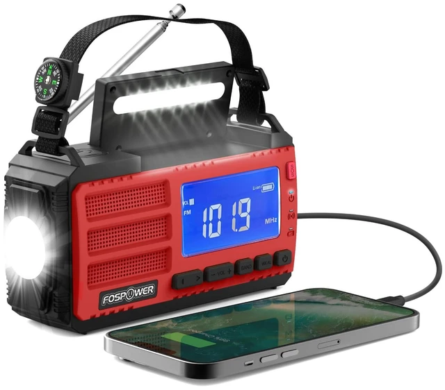 Alt view image 7 of 12 - NOAA Emergency Weather Radio D8 37000mWh Portable Power Bank, AM/FM, USB/Solar/Hand Crank Charging, SOS Alarm & Flashlight for Indoor/Outdoor Emergency - Red