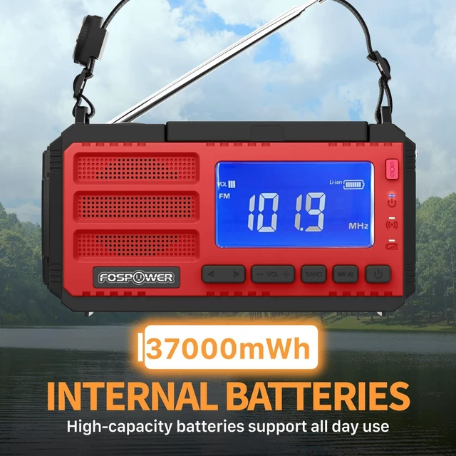 Alt view image 9 of 12 - NOAA Emergency Weather Radio D8 37000mWh Portable Power Bank, AM/FM, USB/Solar/Hand Crank Charging, SOS Alarm & Flashlight for Indoor/Outdoor Emergency - Red