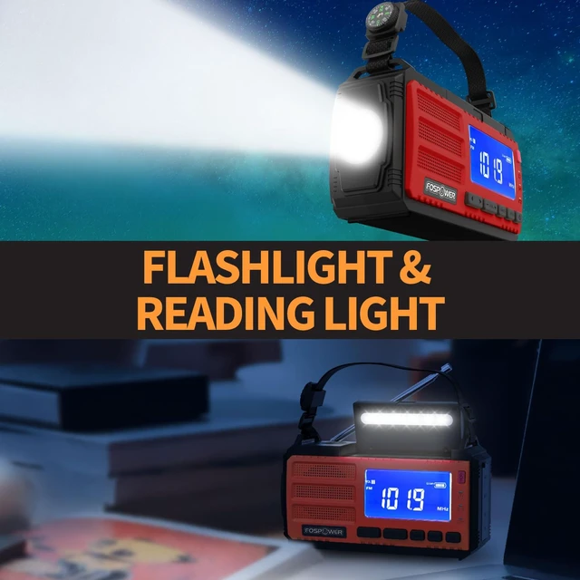 Alt view image 12 of 12 - NOAA Emergency Weather Radio D8 37000mWh Portable Power Bank, AM/FM, USB/Solar/Hand Crank Charging, SOS Alarm & Flashlight for Indoor/Outdoor Emergency - Red