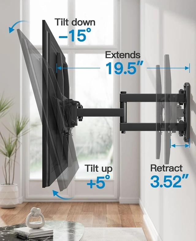 Alt view image 12 of 14 - Full Motion TV Wall Mount for 26-65 Inch Flat Curved TVs, Heavy Duty Single Articulating Arms, Corner TV Mount Up to VESA 400x400mm and 77lbs, Support Swivel, Tilt, Level Adjustment